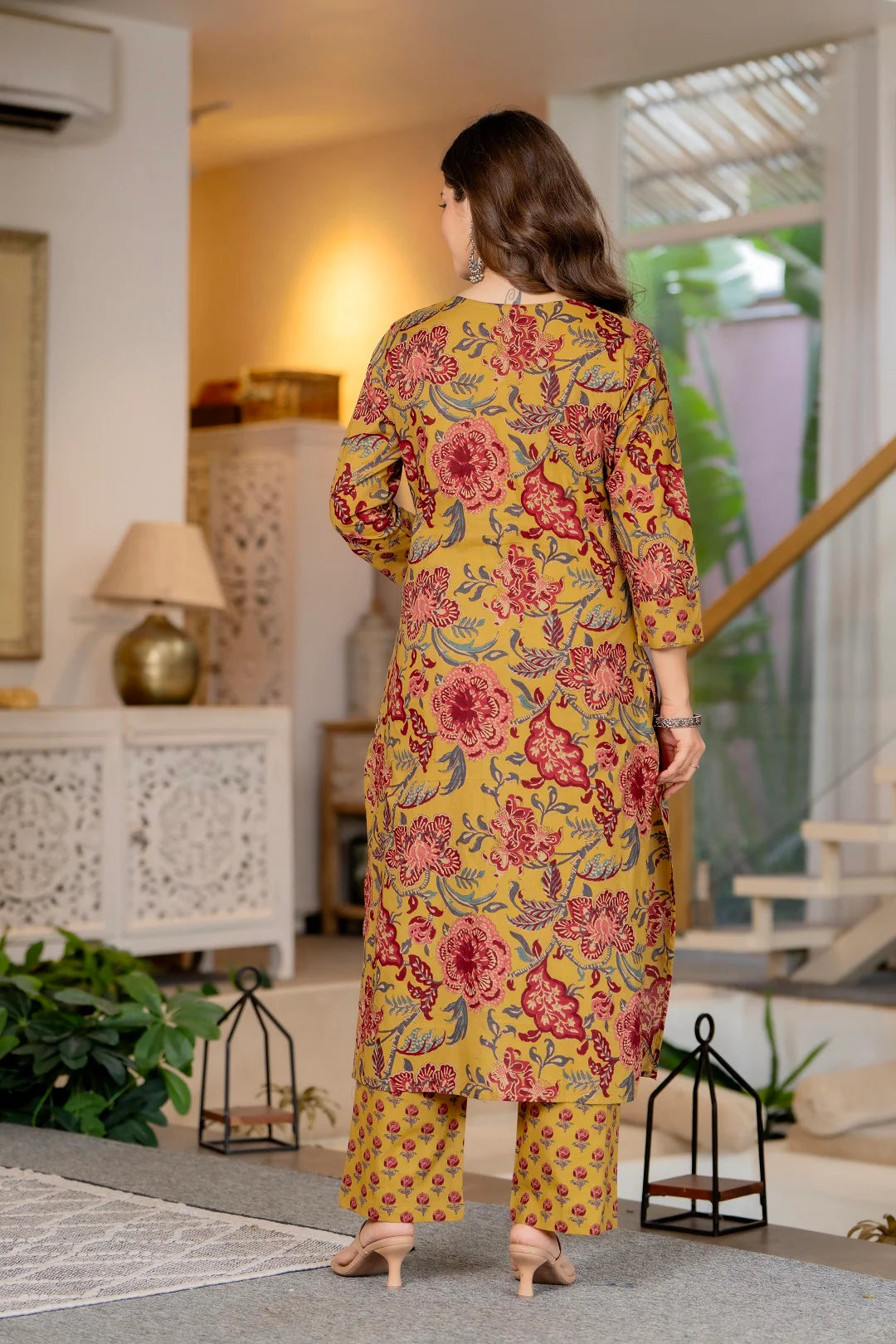 Mustard Cotton Floral Print Straight Kurta Pant Set with designer Dupatta