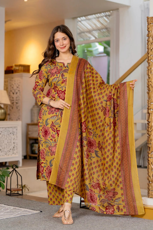 Mustard Cotton Floral Print Straight Kurta Pant Set with designer Dupatta