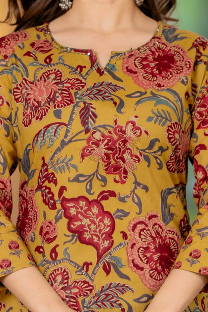 Mustard Cotton Floral Print Straight Kurta Pant Set with designer Dupatta