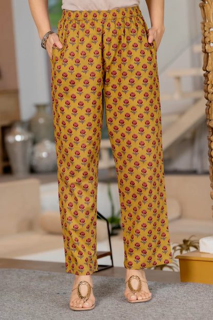 Mustard Cotton Floral Print Straight Kurta Pant Set with designer Dupatta