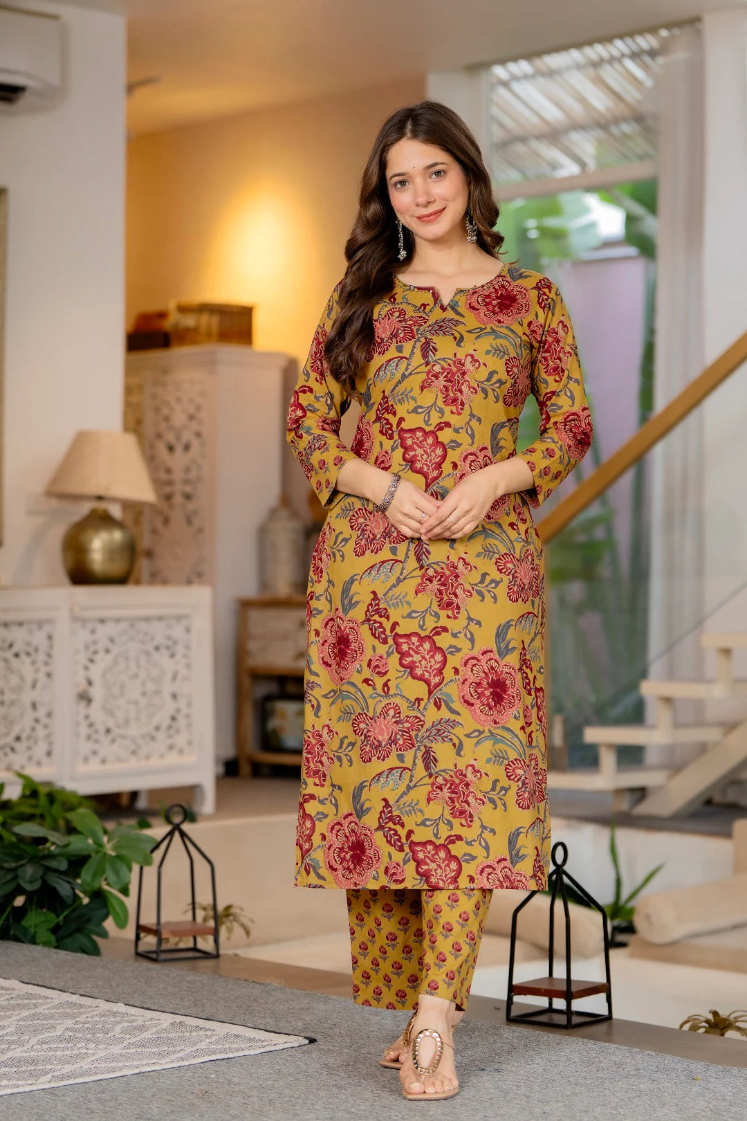 Mustard Cotton Floral Print Straight Kurta Pant Set with designer Dupatta